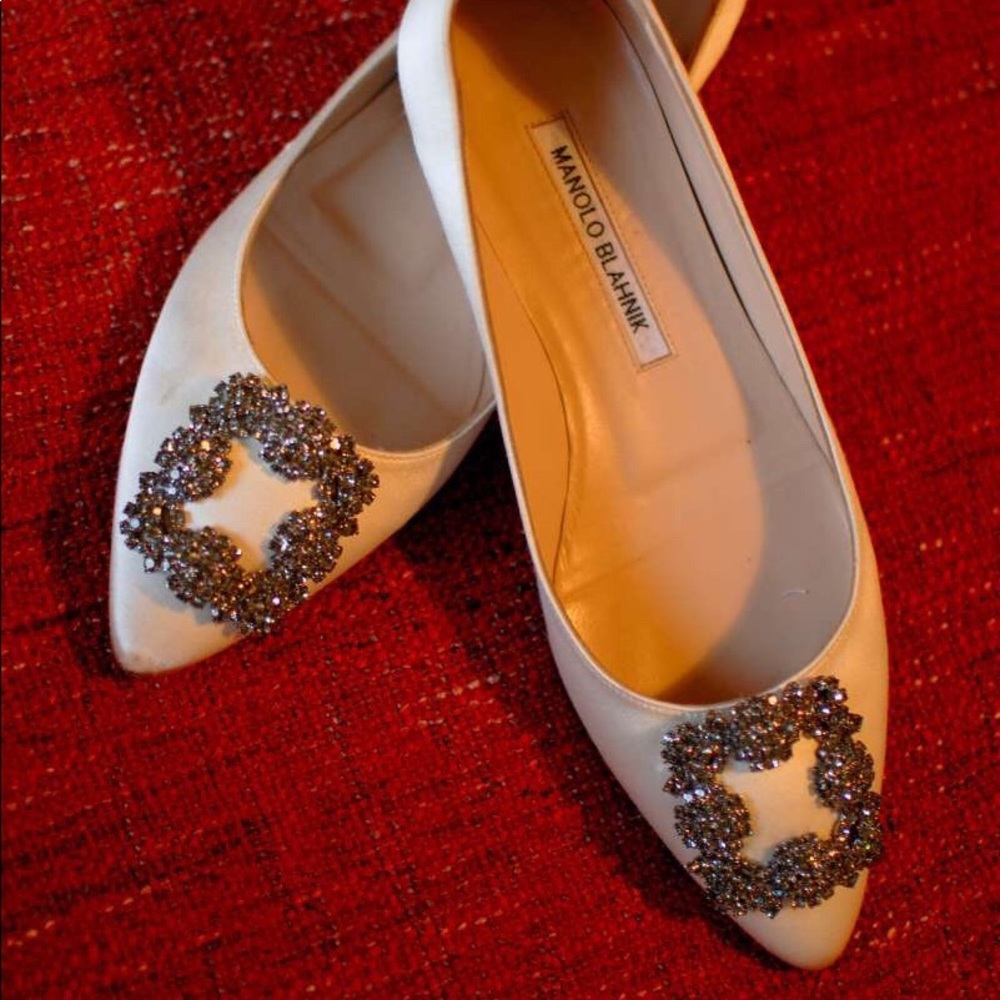 Manolo Blahnik Hangisi Crystal-Buckle Satin Flat
